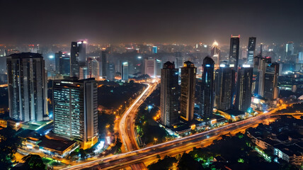 Urban Night Skyline with Highway Light Trails in Motion