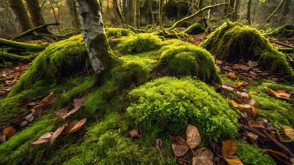Tranquil Moss-Covered Forest Floor with Tree Trunk