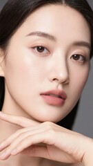 Obraz premium Close-up portrait of a person with smooth skin and natural makeup, hand gently touching the chin.