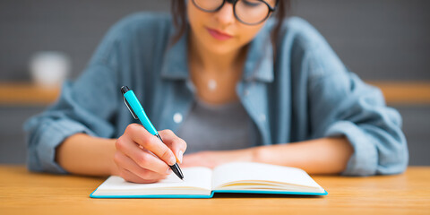 Woman writing blog article ideas in bullet journal