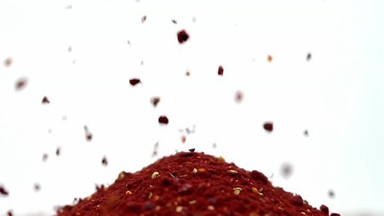 Dynamic Splash of Deep Red Sumac Powder Creating a Pile Against a Bright White Backdrop Detailed Texture Granules and Vibrant Color - Powered by Adobe