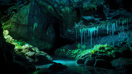 Magical Hidden Forest Cave with Blue Waterfall Glow