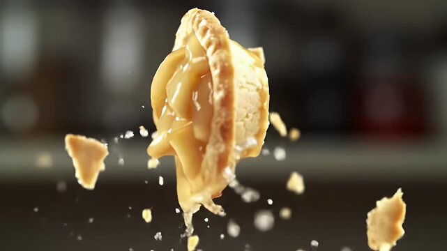 Exploding Apple Pie with Caramel Filling in a Studio Setting Brown Background Food Photography Dessert Concept Small Golden Pastry Burst Open with Liquid Spray