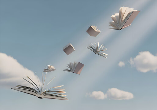 Open books floating in the sky, illuminated by sunlight, suggesting knowledge and learning taking flight.