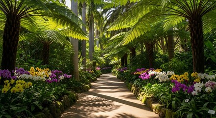 Serene botanical garden pathway with lush ferns and vibrant orchid flowers