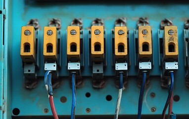 Close-Up of Industrial Electrical Circuit Breakers and Wiring Panel

