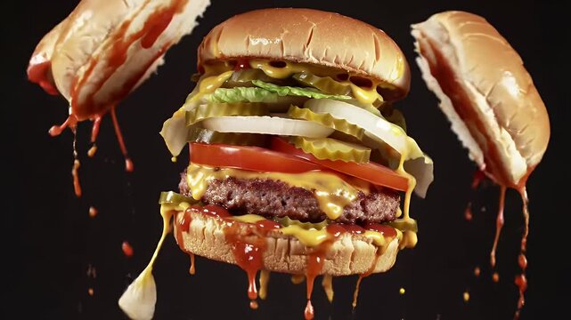 Exploding Cheeseburger with Dripping Sauce in Dark Background Showcasing Tomato Lettuce Onion Cheese and Pickles Fast Food Meal Gourmet American Style Cuisine