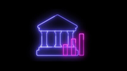 Neon light effect animation of a bank icon and a bar chart - Powered by Adobe