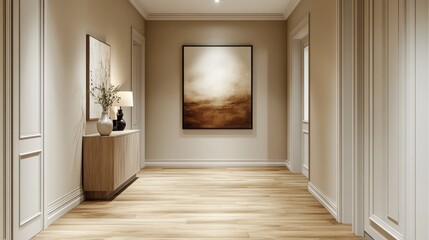 Empty hallway, beige walls, wooden floor, artwork, modern interior, elegant, peaceful, spacious