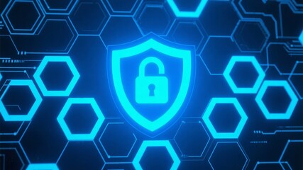 Blue Cybersecurity Shield with Hexagonal Pattern