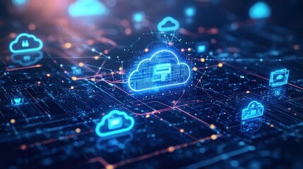 A digital infographic displays interconnected nodes and symbols representing a technological federation of cloud services and data systems