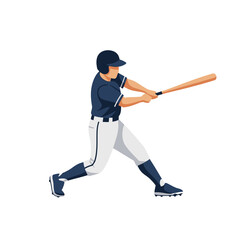 Baseball player in mid-swing, wearing a blue and white uniform, poised to hit the ball with a wooden bat.