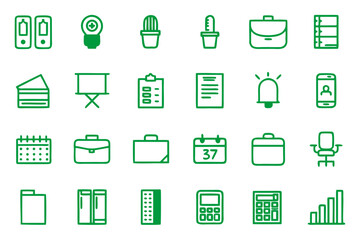 Collection of professional office and business related line art symbols for professional use and communication presented in a clean graphic style
