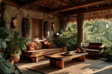 Fototapeta premium Cozy Rustic Lounge: An Oasis of Wood and Nature in Tranquil African Tribal Decor
