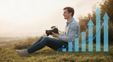 Photographer Sitting Outdoors With Rising Graph Arrows Symbolizing Growth - Powered by Adobe