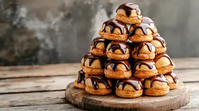 Delicious Croquembouche Tower, Elegant Dessert Presentation on Wooden Surface, Gourmet Patisserie
