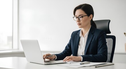 Confident businesswoman focused on laptop in modern bright office setting