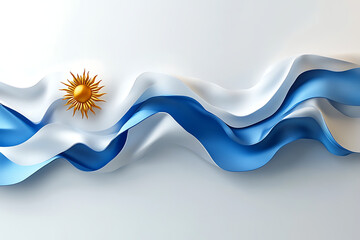Naklejka premium Elegant waving Argentina national flag with golden sun emblem, flowing blue and white silk fabric texture, patriotic symbol of South American country, independence celebration background and national 