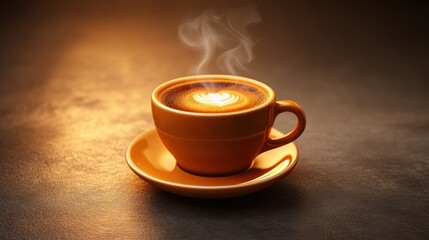 Obraz premium Warm coffee cup with heart latte art on dark surface. Possible use Stock photo