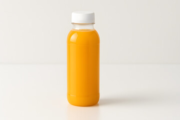 Clear Plastic Bottle Filled with Orange Juice on White Background