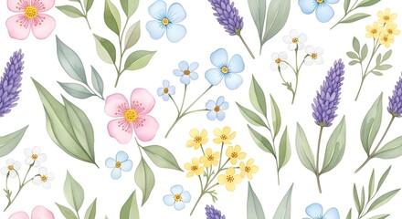 A colorful wild pattern with flowers and leaves