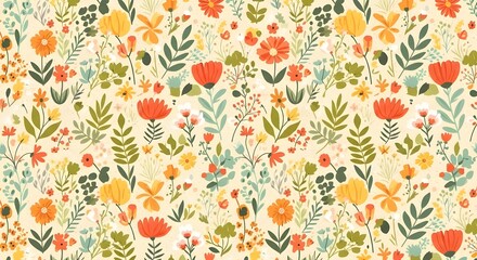 A colorful wild pattern with flowers and leaves