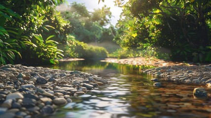 Fototapeta premium A serene view of a shallow river crossing, surrounded by lush greenery and reflecting soft sunlight. Perfect for nature and travel themes.