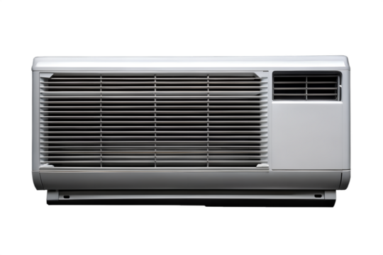 A white window air conditioner unit for cooling a room, isolated on transparent background