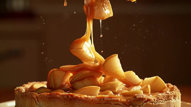 Golden Caramel Apple Tart Freshly Baked with Dripping Caramel and Sliced Apples on Top Detailed Close Up Still Life Against Soft Warm Background