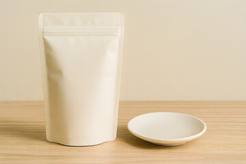 Blank Stand-Up Pouch with Empty Plate on Wooden Table
