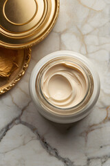Open Jar of Luxury Face Cream on Marble Surface with Golden Lid
