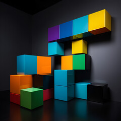The vibrant cubes, with their sleek lines and bold colors, seem to dance against the deep, shadowy background, creating a striking display of contemporary design and innovation.
