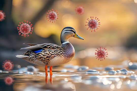 Wild duck standing in shallow water surrounded by floating virus particles, symbolic wildlife and pandemic concept, ecological impact of disease on natural habitats, environmental conservation and bio - Powered by Adobe