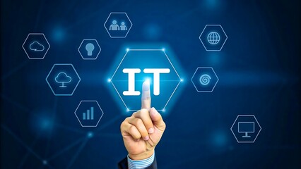 Finger touching it icon with technology network and data symbols on blue background
