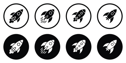 Rocket icon set. Space mission icons. Rocket launching into space. Collection of rockets symbolizing speed, progress, launch, new beginning, innovation and rapid growth.