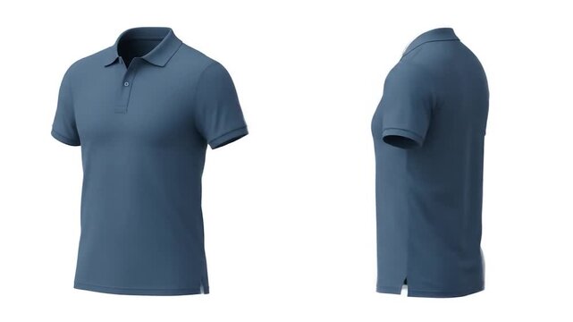 Blue polo shirt mockup, side views, white background, apparel design