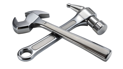 A shiny chrome wrench and hammer crossed on a transparent background
