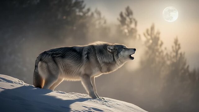 Majestic gray wolf howling at dawn on snowy hillside nature photography wildlife image for editorial and commercial use