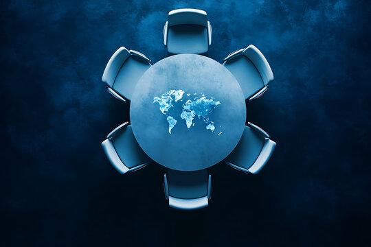 Global business summit round table concept, top view with world map imprint, international strategy meeting layout, corporate diplomacy, global trade cooperation, geopolitical negotiations, abstract l