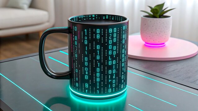 Black coffee mug with digital binary code design and neon light on table
 - Powered by Adobe