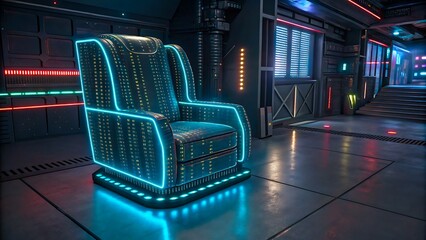 Neon light futuristic armchair in sci-fi corridor with glowing panels
