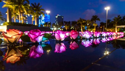 Floating Roses Glowing at Night Reflecting in Water