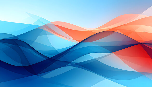 A unique abstract background combining geometric structures and fluid shapes, dual tone color palette (blue & coral), dynamic wave-like layers mixed with polygon mesh, subtle gradients, high detail.