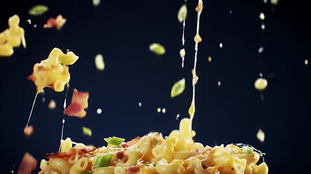 Loaded Mac and Cheese Overflowing with Melted Cheese Bacon and Green Onions in a Bowl Studio Shot on Dark Blue Background - Powered by Adobe
