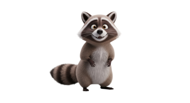 A cartoon raccoon stands upright, smiling with a friendly expression and striped tail, isolated on a white background.