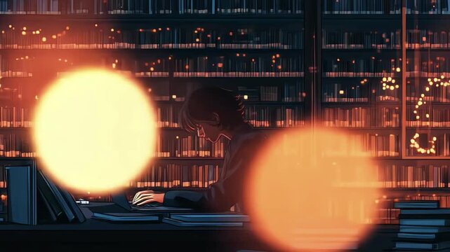 A studious figure immersed in work in a cozy, warmly lit library.