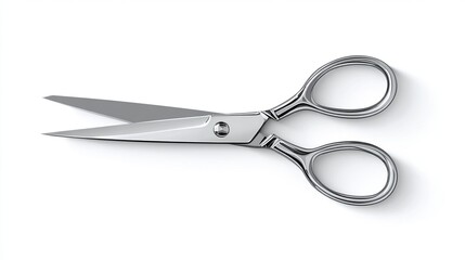 A pair of shiny, open scissors, with smooth metal blades, sits on a white surface, casting a shadow