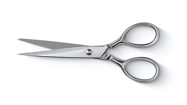 A pair of shiny, open scissors, with smooth metal blades, sits on a white surface, casting a shadow - Powered by Adobe