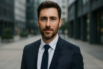 Confident Businessman in Suit Standing in Modern Urban Office District