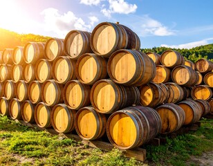 Wooden barrels stacked outdoors under a partly cloudy sky